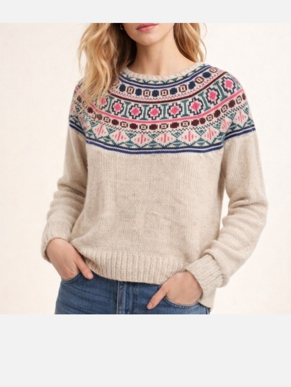 American Eagle Fair Isle Nordic Sweater Beige Multicolor Size L